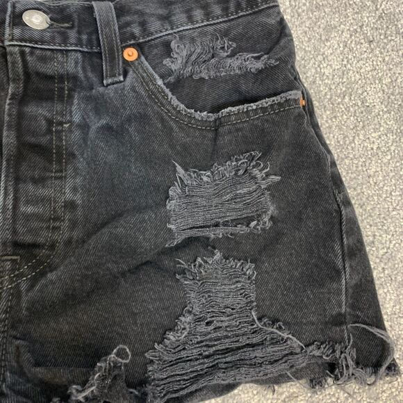 Levi's 501 Black Distressed High Rise Cutoff Denim Shorts Size 28 Grunge - Picture 3 of 9